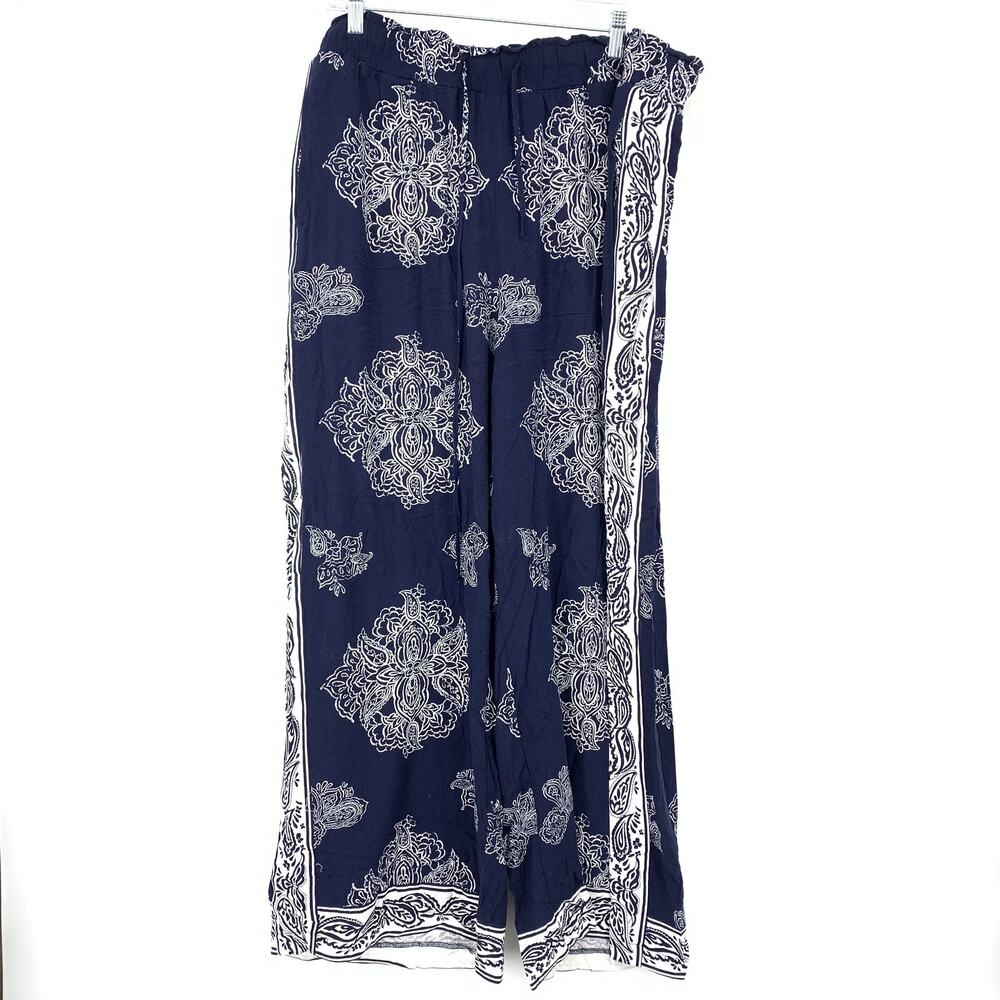 Lane Bryant Casual Pants Size 18 Navy White Floral Print Pull On Elastic Waist